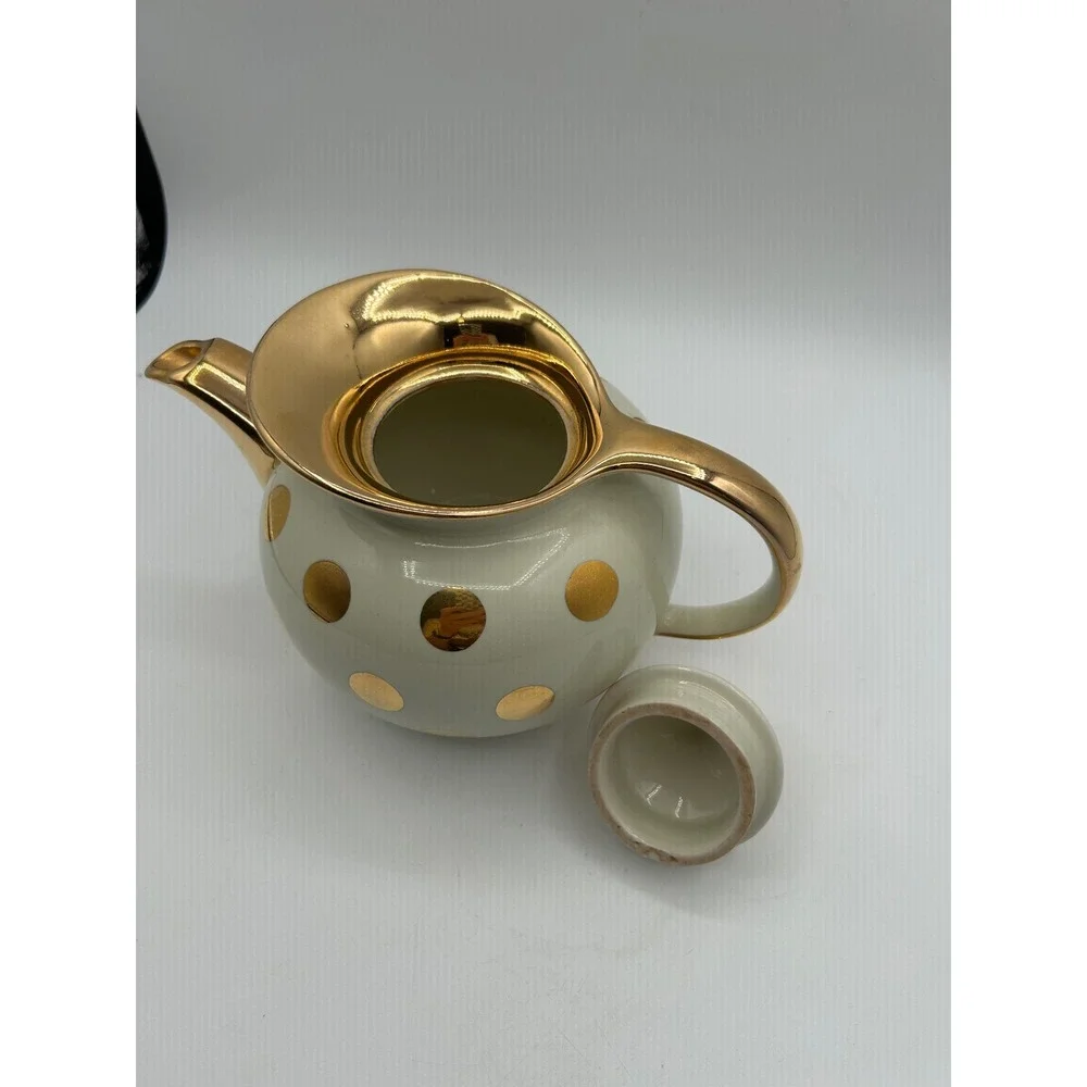Hall Teapot 6 Cup Cream Ivory Gold Dot Vintage Mid Century Modern Ceramic